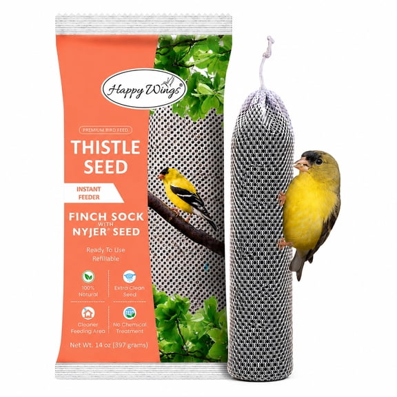 Happy Wings Nyjer/Thistle Seeds Wild Bird Food 14 Ounce | Prefilled Sock | No Grow Seed I Bird Seeds for Wild Birds
