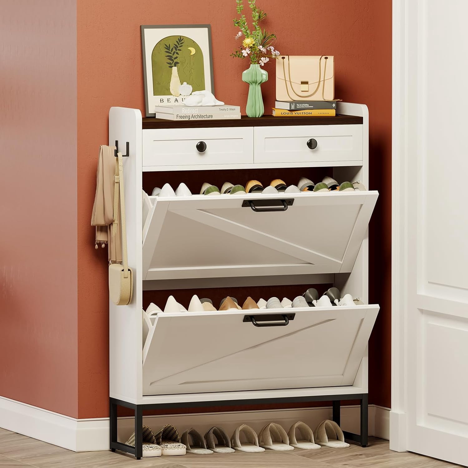 THIZEN Hidden Shoe Cabinet Storage for Entryway, Farmhouse Slim Shoes ...
