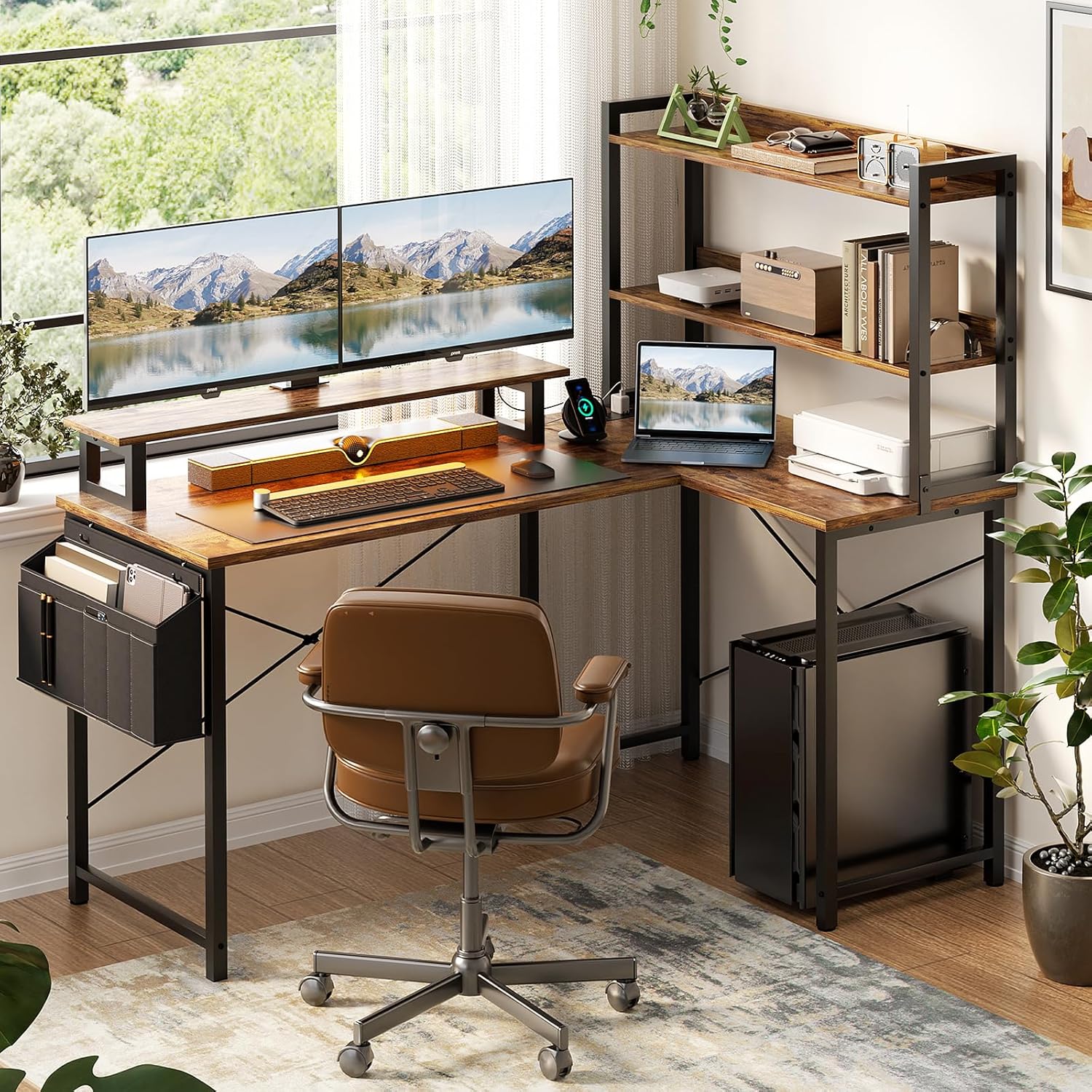 THIZEN L Shaped Computer Desk with Bookshelf, 47 Inch Reversible Corner ...