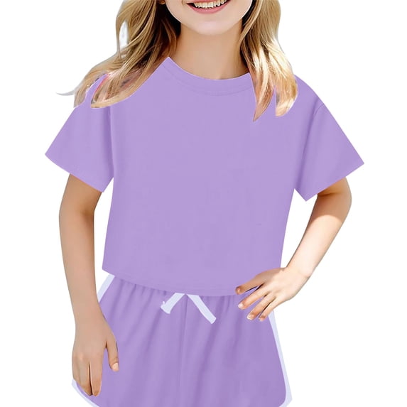 THJRPQJFD 2 Piece Outfits for Girls Summer Gym Shorts Sets Kids Crewneck Fitted Crop Top & Elastic Waist Shorts Casual Workouts Yoga Activewear for Teens 3-14T Toddler Girl Clothes