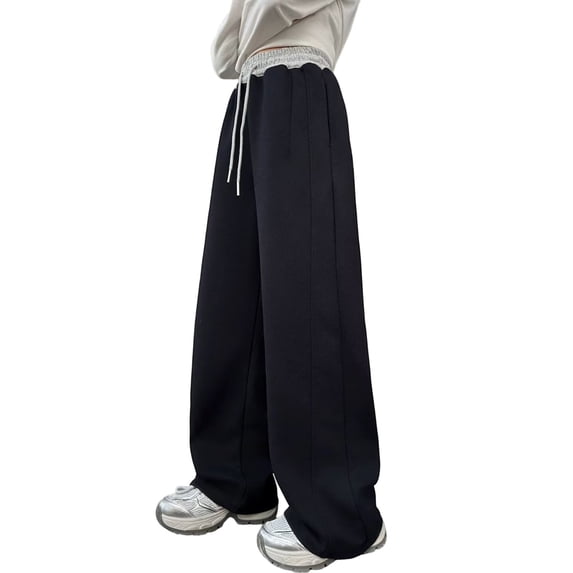 THJRPQJFD Girls Sweatpants Wide Leg High Waist Baggy Sweat Pants Contrast-Waist Track Pants Oversized Sports Joggers with Pockets Preppy Open Bottom