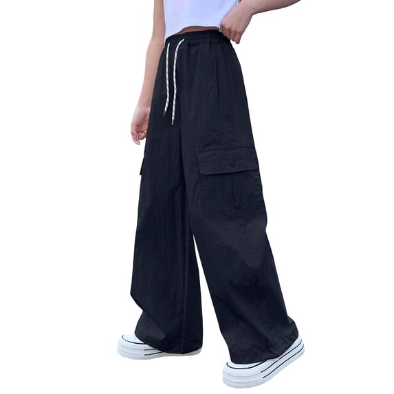 THJRPQJFD Girls Wide Leg Cargo Pants Lightweight Quick Dry Loose Fit Trousers Elastic Waist Casual Track Pants Summer Parachute Preppy School Clothes