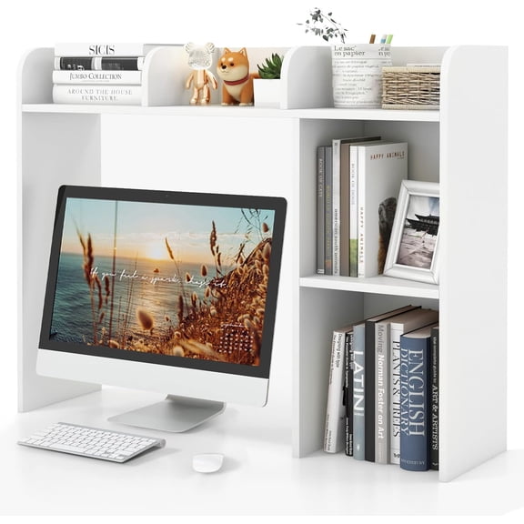 THJTDH Desktop Bookshelf, Countertop Storage Hutch with 5 Shelves for Computer Desk, Desk 3-Tier Display Rack, Multipurpose Wood Desktop Hutch Storage Organizer for Dorm Office Home