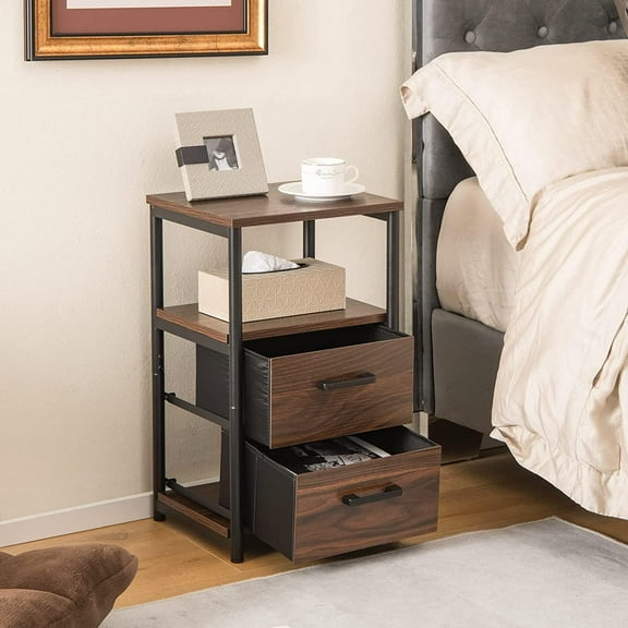 THJTDH Nightstand, Sofa Side End Table with Open Wood Shelf & 2 Fabric Drawers, Industrial Bedside Table, Small Night Stand for Small Spaces, Bedroom, 13.5 x 12 x 23 Inch (1, Walnut)