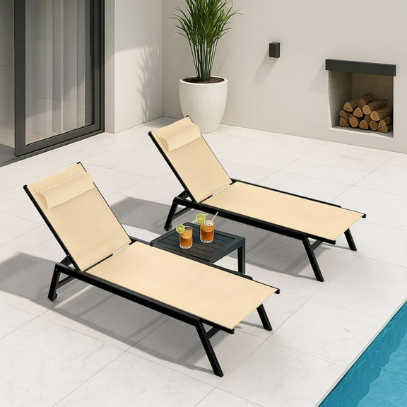 THJTDH Outdoor Aluminum Lounge Chair -Set of 2 with 5 Position Adjustable Backrest, Textilene Fabric, Two Wheels, Headrest for Pool, Beach, Beige (No Table)