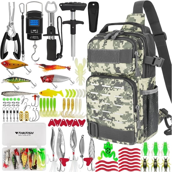 THKFISH 85Pcs Fishing Tool Kit, Fishing Backpack with Tackle Boxes Included, Fishing Tackle Kit Include Fishing Bait Lure Gear Kit, Fishing Pliers, Fish Hook Remover, Lip Gripper