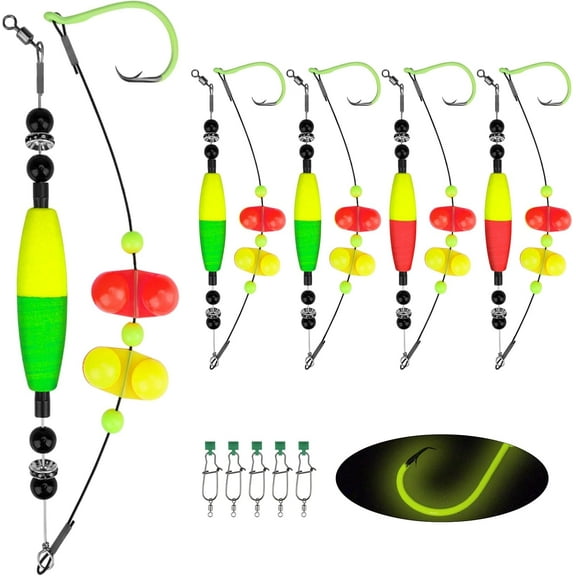 THKFISH Catfish Rig, 5PCS Catfish Rigs for Bank Fishing,Catfishing Tackle Floats with Rattler Catfishing Equipment, 6/0 8/0 10/0 Circle Hooks 50-70 LB Wire Fishing Line with Snaps