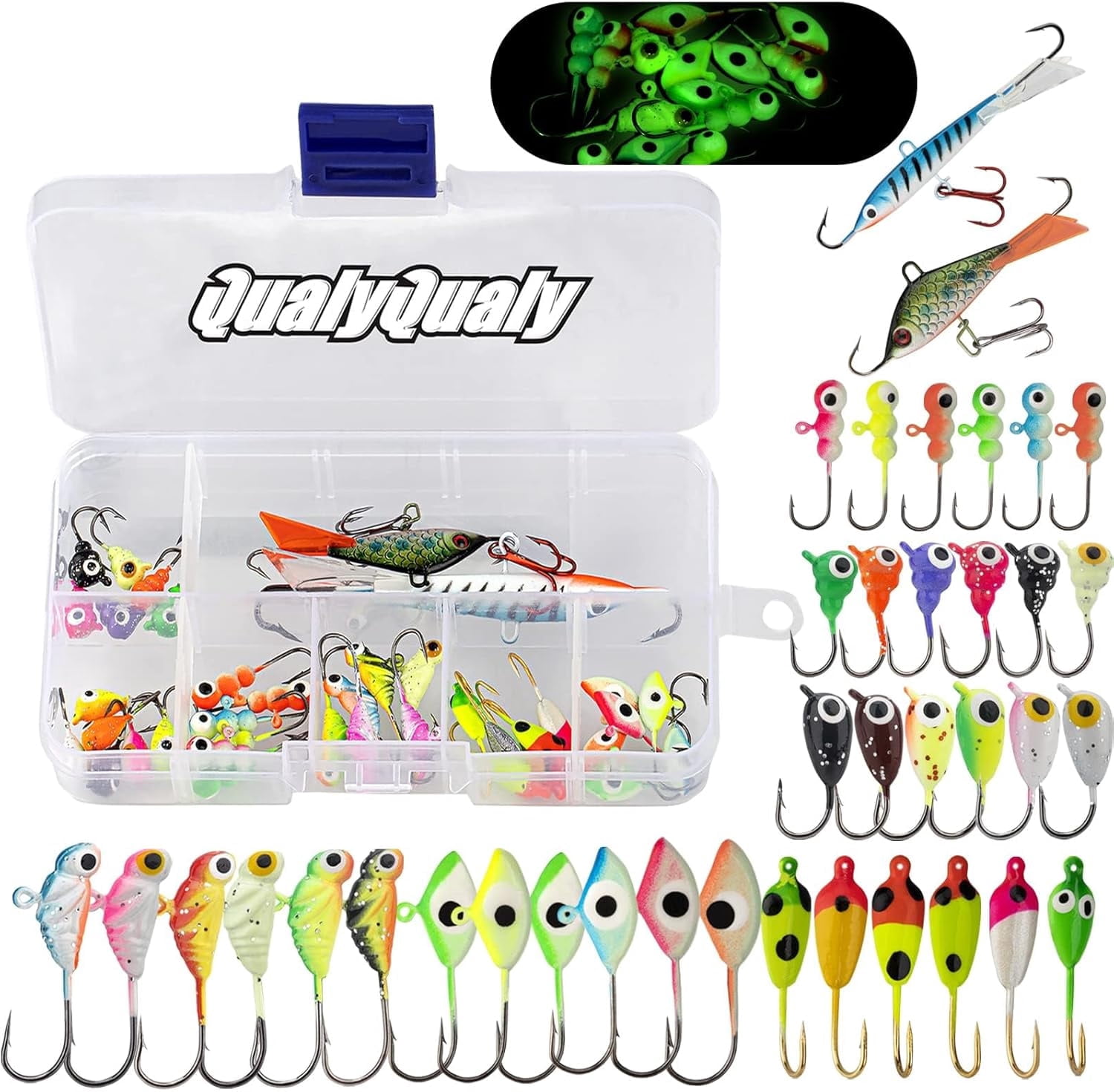 THKFISH Fishing Lures Ice Fishing Jigs 38/40PCS Ice Fishing Gear Jigs Head Panfish Crappie Jigs Ice Fishing Jigging Lures Kit for Panfish,Crappie, Walleye