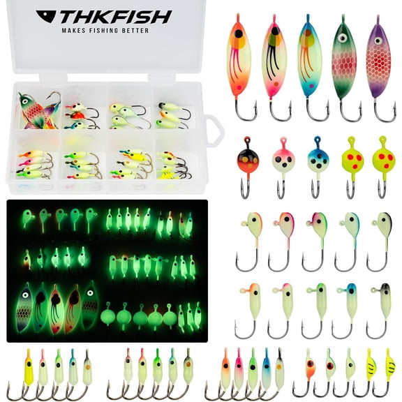 THKFISH Fishing Lures Ice Fishing Jigs 38/40PCS Ice Fishing Gear Jigs Head Panfish Crappie Jigs Ice Fishing Jigging Lures Kit for Panfish,Crappie, Walleye