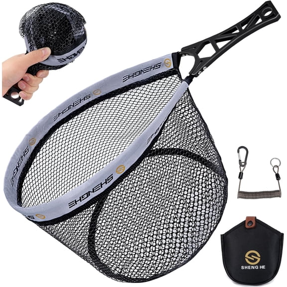 THKFISH Fly Fishing Landing Net, Foldable Landing Trout Net with ABS Handle,Rubber Coated Mesh Trout Net with Tackle Bag for Trout Bass Catch and Release, Portable Fly Fishing Gear,M/L