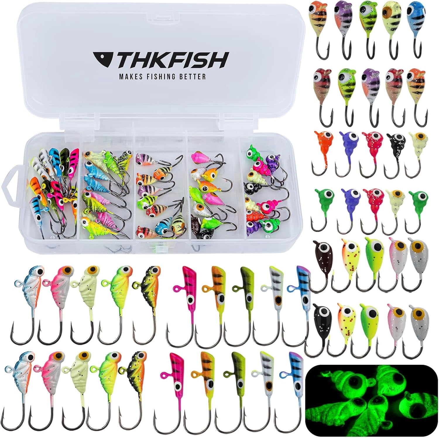 THKFISH Ice Fishing Jigs Kit Ice Fishing Lures for Walleye Perch Jigs Heads for Ice Fishing Tackle Panfish Crappie Jigs 50PCS/31PCS