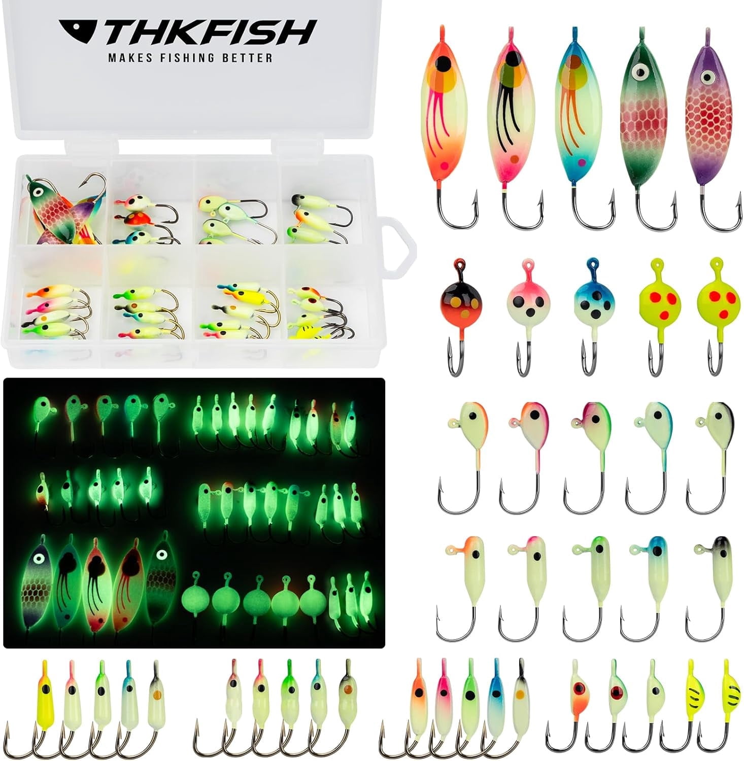 THKFISH Ice Fishing Lures Ice Fishing Jigs Ice Fishing Gear Hard Fishing Lures and Jigs Walleye Ice Fishing Kit Crappie Panfish Pike Jigs,40PCS