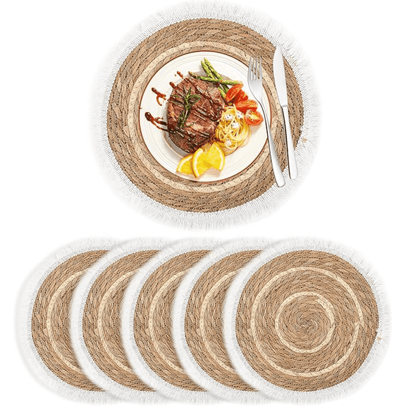 THKFWD 13" Round Woven Placemats Set of 6, Boho Farmhouse Rustic Table Mats, Rattan Wicker Plate Chargers for Indoor & Outdoor Dining Table Decor