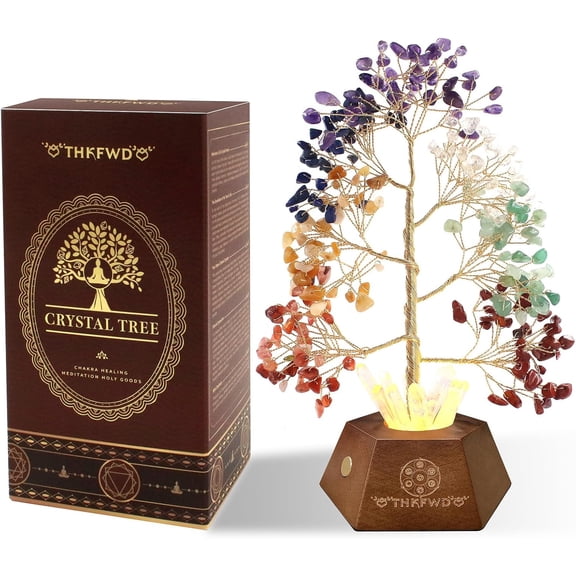 THKFWD 7 Chakra Crystal Tree of Life Lamp, Clear Quartz Healing LED Light with Hexagon Solid Wood Base, Feng Shui Meditation Decor Gift for Women & Home