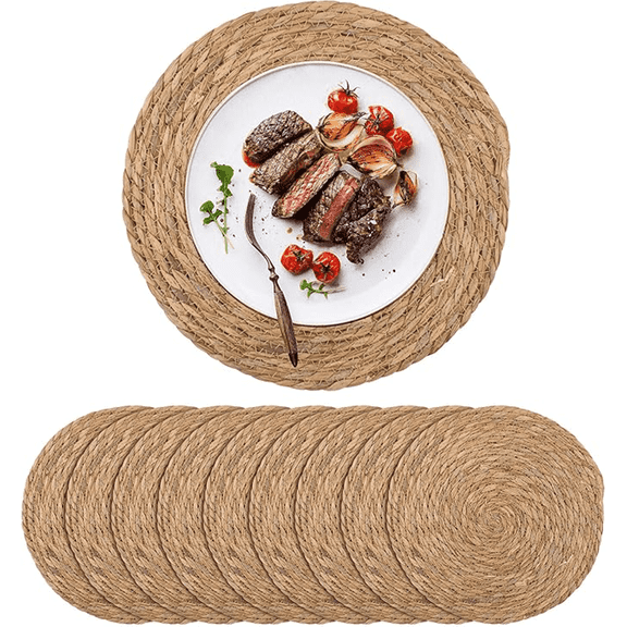 THKFWD Set of 10 Round 13" Woven Placemats, Boho Farmhouse Table Decor for Indoor & Outdoor Dining, Rustic Charger Mats