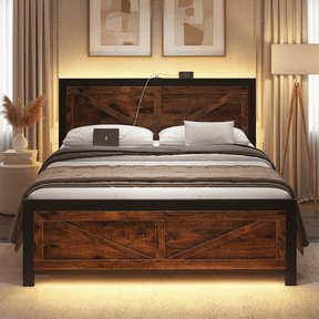 THKVUH King Size Platform Bed Frame with LED Lights, USB Charging, and Farmhouse Barn Door Headboard, Strong Metal Slats Support, Noise Free, No Box Spring Needed, Brown