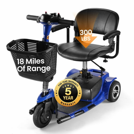 THLAND 3 Wheel Mobility Scooter - Portable Folding Electric Mobility Scooter Ideal for Seniors, Adults, Handicapped, and Elderly Travelers. Comes with Battery, Charger, and Basket Included,blue