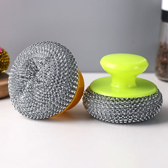 THLKIF 2 Pack Stainless Steel Scrubber with Handle, Heavy Duty Steel Wool Scrubber for Dishes, Pot and Pan Cleaner Brush, Wire Sponge Scourer for Kitchen Sink, Grill and Oven Cleaning (Blue)