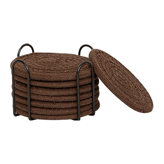 THLKIF 8 PCS Drink Coasters with Holder, Cotton Woven Absorbent Coasters for Drinks, Minimalist Home Decor Coaster Set for Wooden Tabletop Protection Table, 4.3 Inches