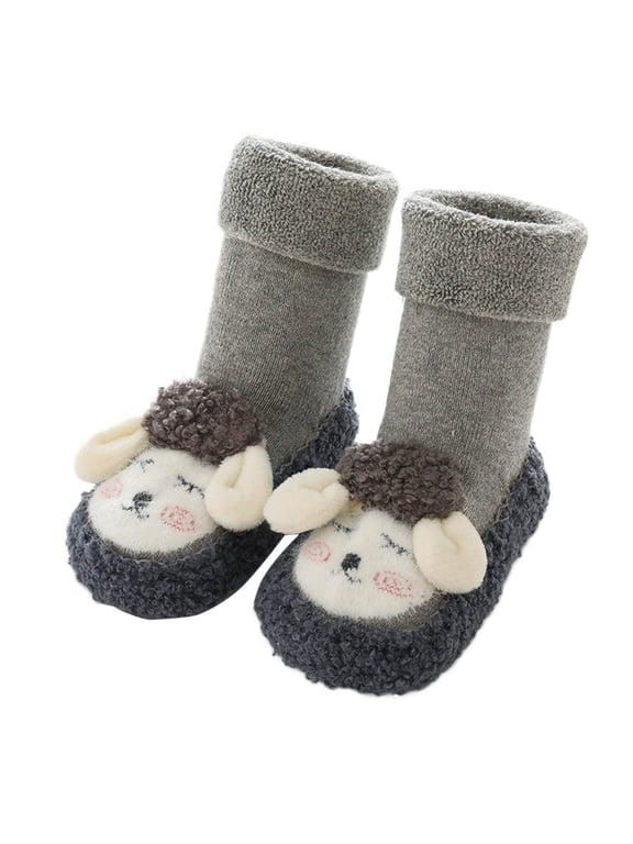 Baby Boys Girls Toddler Indoor Cartoon Animal Fleece Slipper Shoes Anti Slip Socks Booties Grey 12-18 Months