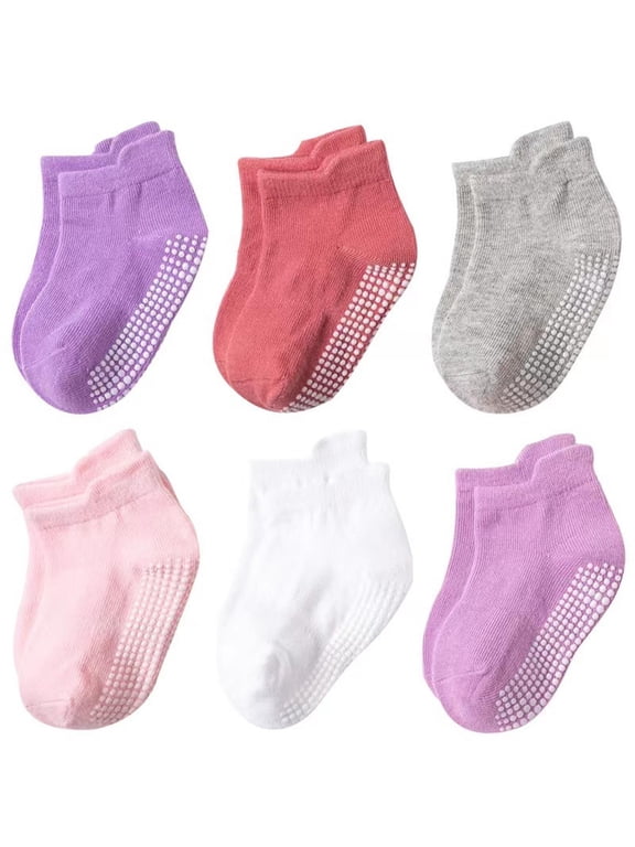 Baby Non Slip Socks 6 Pairs Toddler Ankle Socks with Grips Cotton Soft Gripper Socks for Infant Boys Girls Crawling