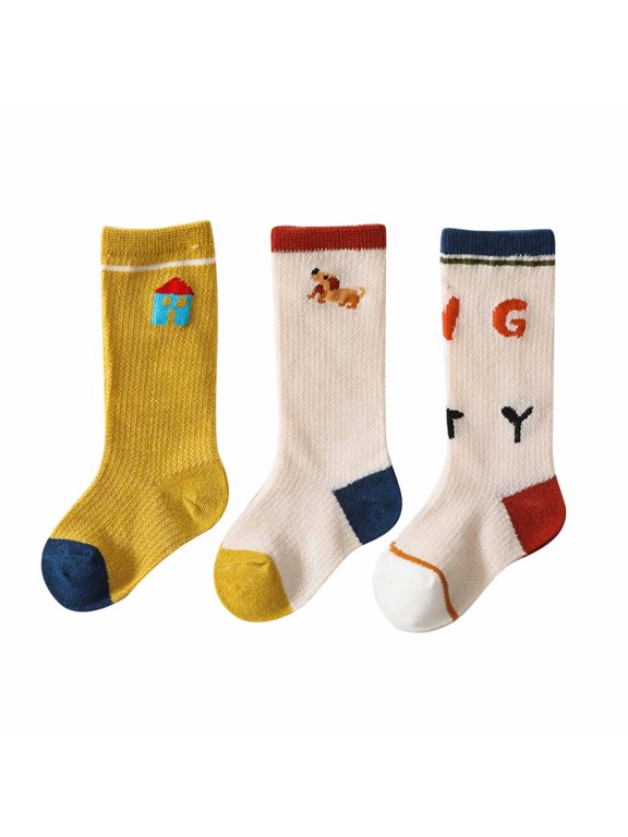 Baby Toddler Girls Mid Calf Animal Socks Anti Slip 3 Pairs Sock Shoes Slippers First Walkers Yellow 0-1 Years