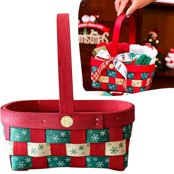 THLKIF Christmas Baskets for Gifts Empty Handmade Woven Gift Basket with Wooden Handle, Small Storage Container for Xmas Holiday Party Organizing Fruit Candy