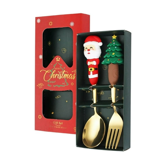 THLKIF Christmas Forks and Spoons Set, 2/4-Piece Stainless Steel Cutlery with Dessert Spoons and Fruit Forks for Xmas Dinner, Includes Gift Box, for Holiday Meals