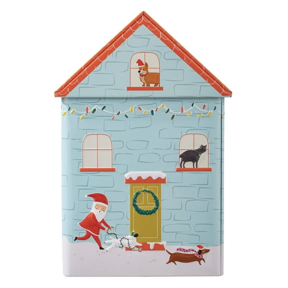 THLKIF Christmas Metal Cookie Tins, House Shaped Treat Tins with Lids, Empty Tinplate Candy Boxes for Christmas Party Supplies, Cookie Storage, Size 8.5 x 5.3 inches, Xmas Favor Packaging