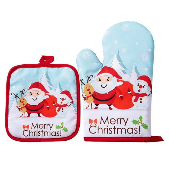 THLKIF Christmas Oven Mitts Potholders and Towels Set, Christmas Santa Oven Mitts Pot Holders Towels Heat Resistant Non-Slip Cooking Gloves BBQ Cooking Baking Grilling