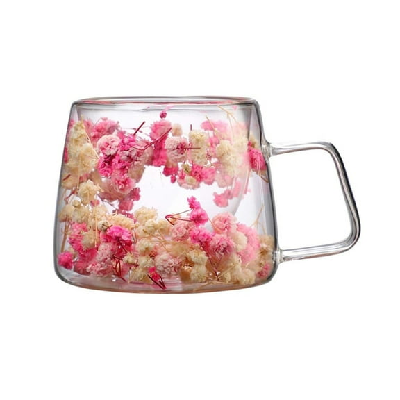 THLKIF Double Wall Glass Coffee Mugs with Dried Flowers, Insulated Heat Resistant Cups with Handles for Cappuccino, Tea, Milk, Christmas Birthday Gifts for Women, Aesthetic Drinkware