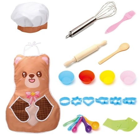 THLKIF Kids Cooking & Baking Set for Girls and Boys- 24 Pcs Child Cooking Utensils Kits Chef Role Play includes Apron Chef Hat Cake Cutter Silicone Cupcake Moulds for Toddler Age 3-6 Dress Up ?