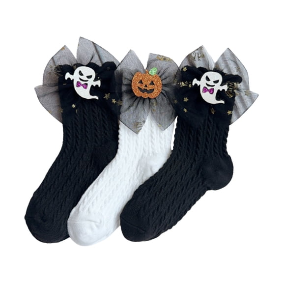 THLKIF THLKIF 3 Pairs Toddler Halloween Socks for Girls 1-10 Years, Lace Ruffle Frilly Socks with Ghost Pumpkin, Soft Cotton Stretch for Birthday Pageant Princess Photos Dress Outfit