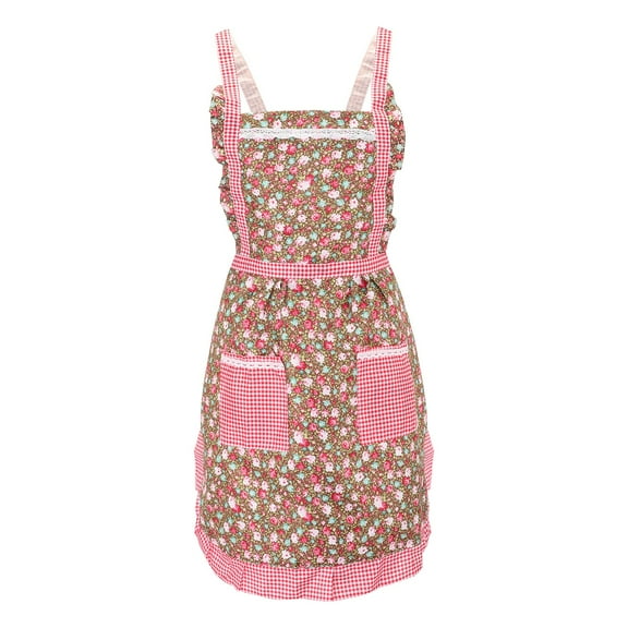 THLKIF Women's Thickened Double Layer Princess Apron, Ruffles Polka Dot Pattern with Pockets, for Kitchen, Cooking, Baking, BBQ, Home Use, Adjustable, Protective, Machine Washable