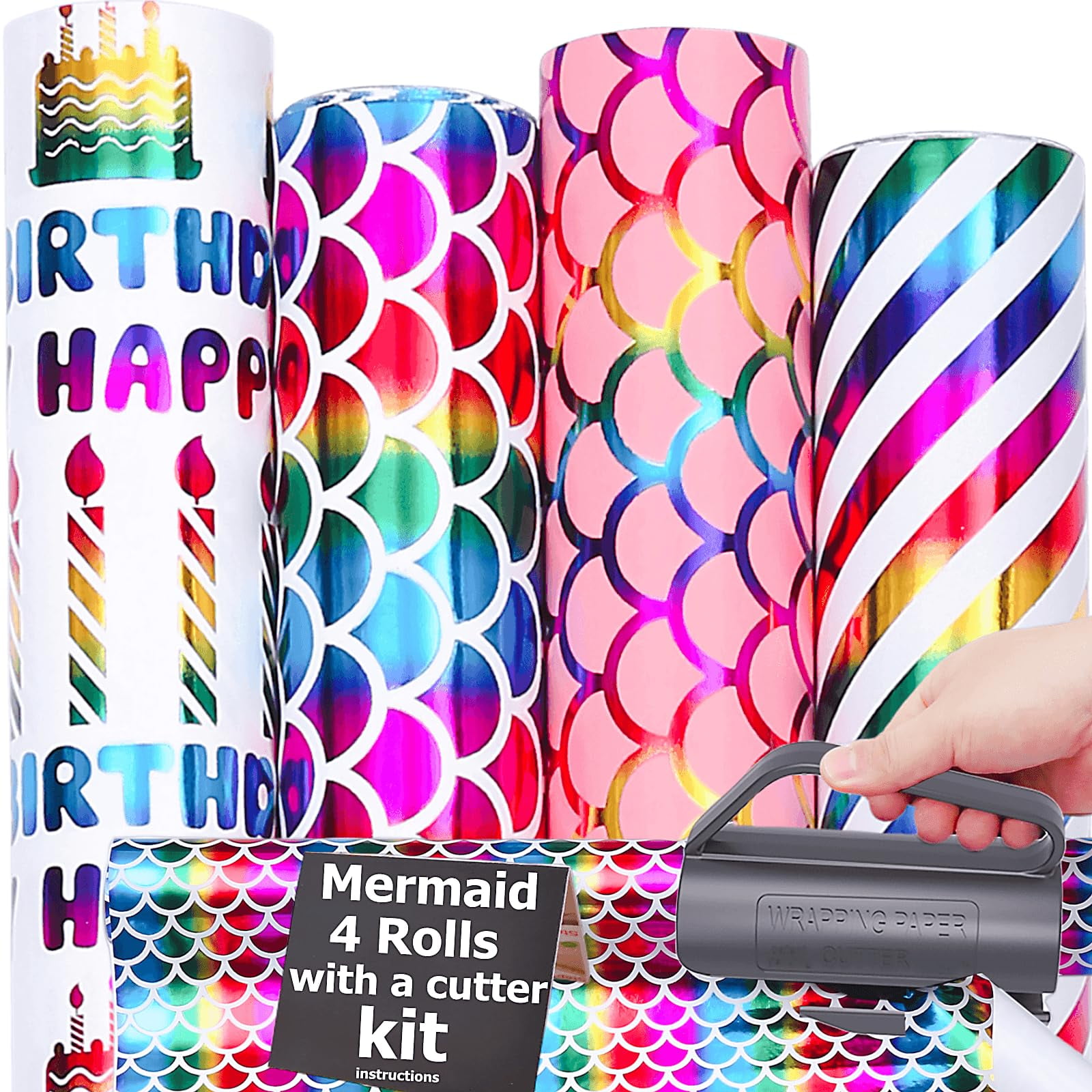 THMORT Mermaid Wrapping Paper Roll with a Cutter Kit for Girls&Boys,Kids Birthday Adults, Princess Pink Barbies 17 Inch X 120 Inch Gift Wrapping Paper Colorful Rainbow Happy Birthday wrapper. C3
