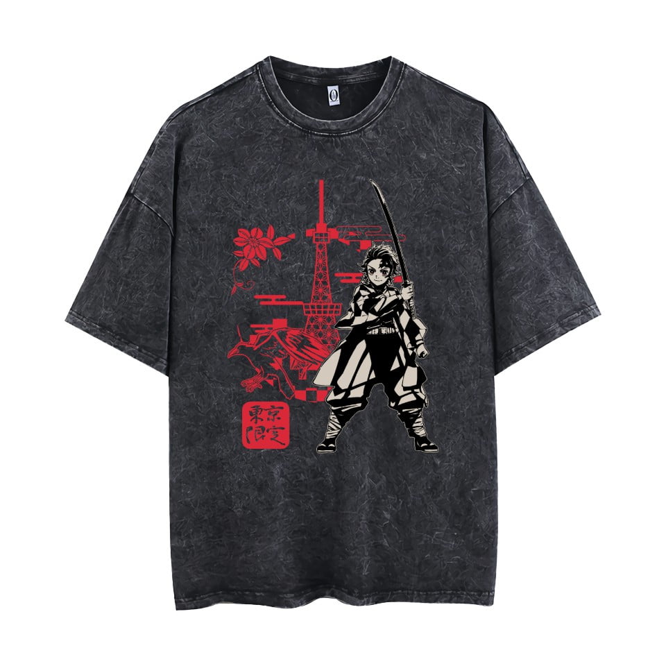 【GREY】Tシャツ 　XLサイズ THNCLZX Kamado Tanjirou T-shirt Summer vintage distressed
