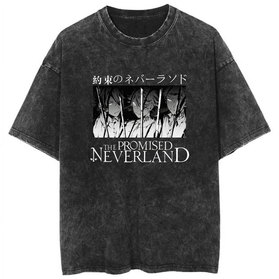 THNCLZX The Promised Neverland Shirt Anime Short Sleeve Vintage T Shirts for Men Classic Crew Neck Casual Black