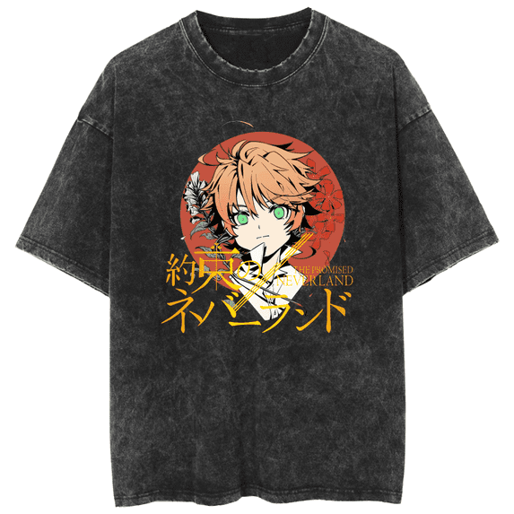THNCLZX The Promised Neverland Shirt Anime Short Sleeve Vintage T Shirts for Men Classic Crew Neck Casual Black