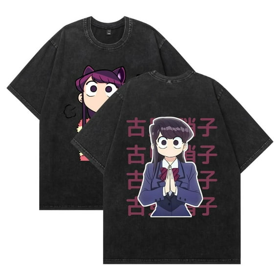 THNCLZX Washed vintage Komi Shoko cotton T-shirt anime street hip-hop short-sleeved pattern summer unisex clothing