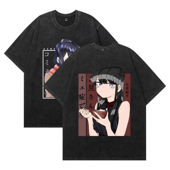 THNCLZX Washed vintage Komi Shoko cotton T-shirt anime street hip-hop short-sleeved pattern summer unisex clothing