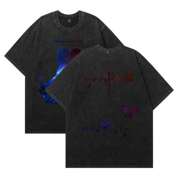 THNCLZX Washed vintage Sword Art Online SAO cotton T-shirt anime street hip-hop short-sleeved pattern summer unisex clothing