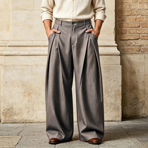 THNCYX Baggy Pants Men Pleated Wide Leg Trousers Slant Pockets Dress Pant S-2XL