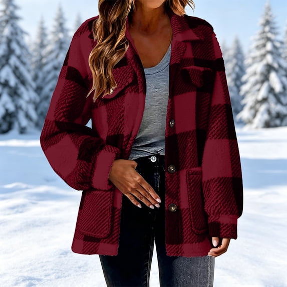 THNCYX Buffalo Plaid Fleece Jacket Women Sherpa Lined Coat With Pockets