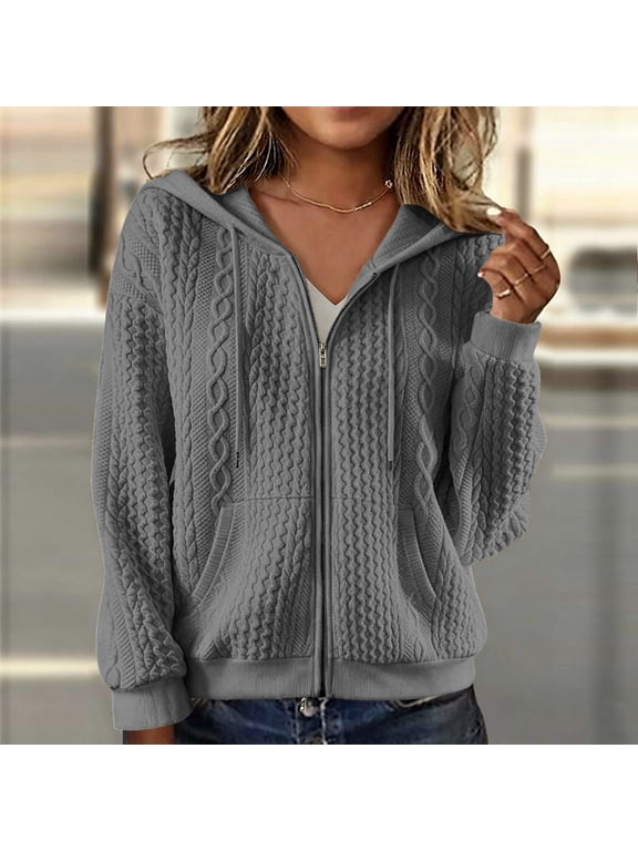 Cable Knit Full Zip Hooded Jacket Women Soft Textured Sweater Front Pocket Warm Casual Everyday Comfort Fall Coat Outwear S-3XL