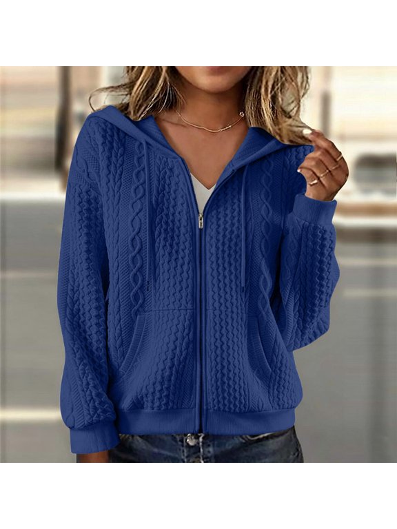 Cable Knit Full Zip Hooded Jacket Women Soft Textured Sweater Front Pocket Warm Casual Everyday Comfort Fall Coat Outwear S-3XL