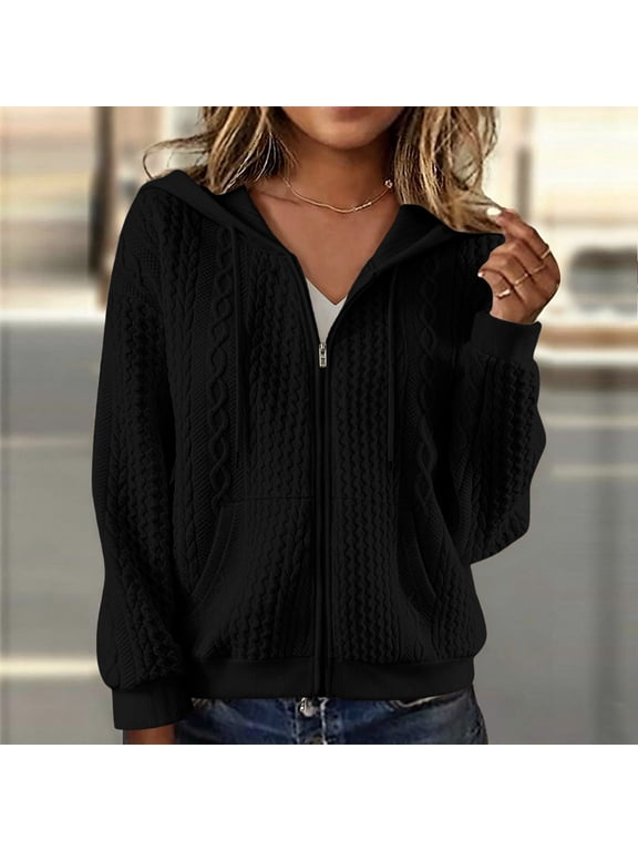Cable Knit Full Zip Hooded Jacket Women Soft Textured Sweater Front Pocket Warm Casual Everyday Comfort Fall Coat Outwear S-3XL