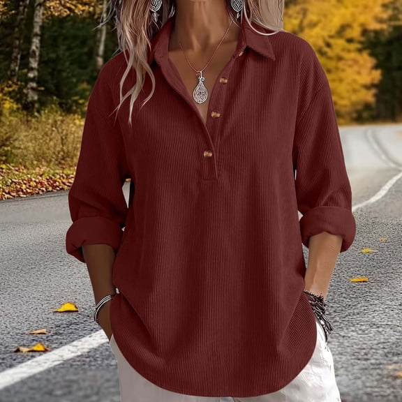 THNCYX Corduroy Long Sleeve Tops For Women Quarter Button Up Collar Soft Textured Fall Winter Shirts Womens Tops 2026 Casual Wear