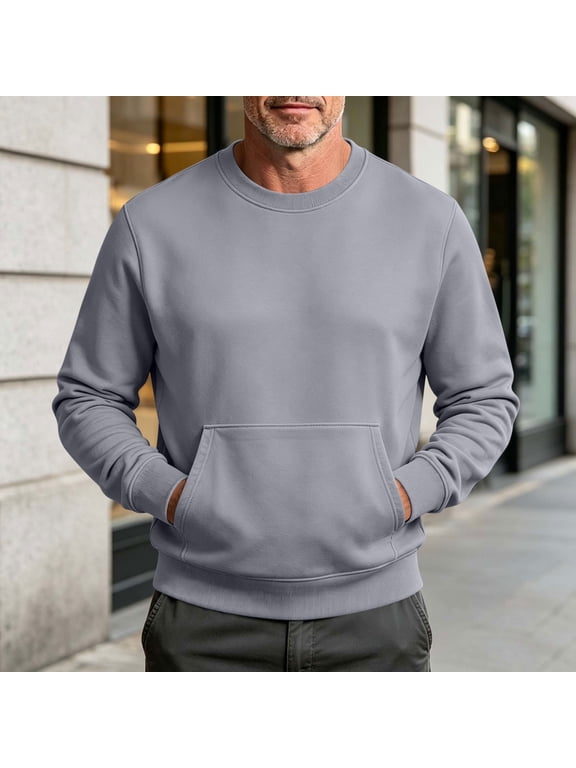 Crew Neck Soft Fleece Sweatshirt With Kangaroo Pocket Casual Long Sleeve Layering Top For Men S-3XL