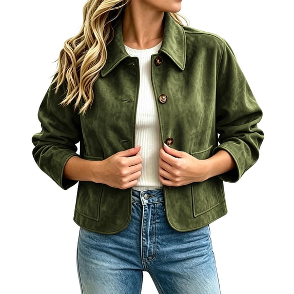 THNCYX Faux Suede Button Front Jacket Women Slim Fit Short Soft Touch Classic Collar Casual Elegant Fall Coat Lined Everyday Outwear S-2XL