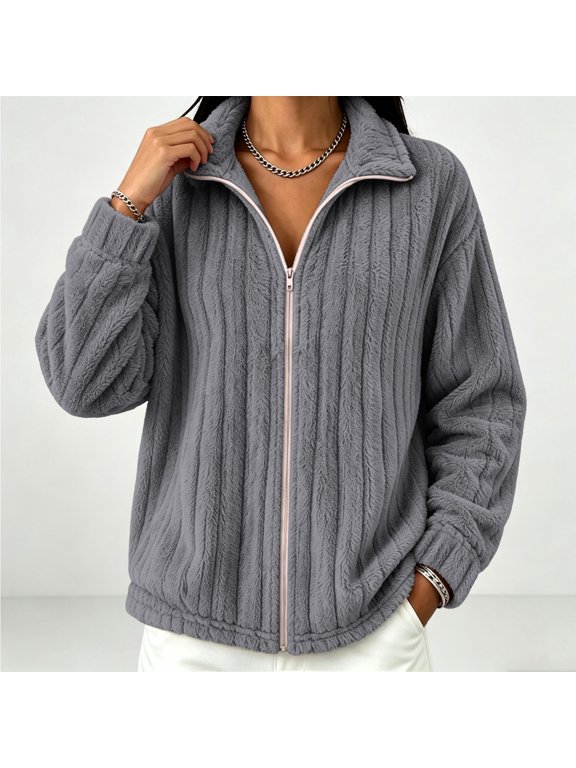 Fleece Jacket Women Cable Knit Chunky Cardigan Zip Up Cozy Winter Coat With Pockets